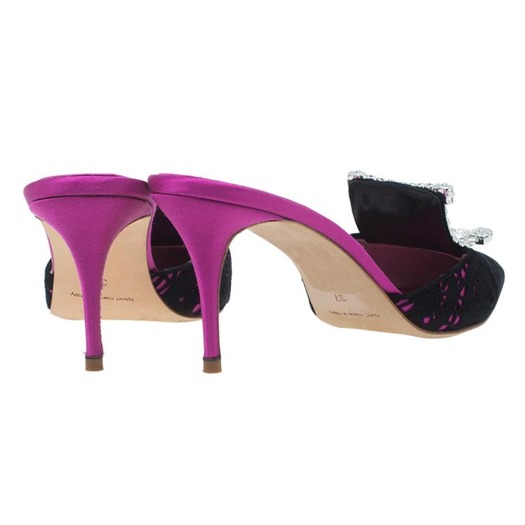 Pre Owned Manolo Blahnik Pink Satin and Lace Borli Crystal Embellished Mules Size 37