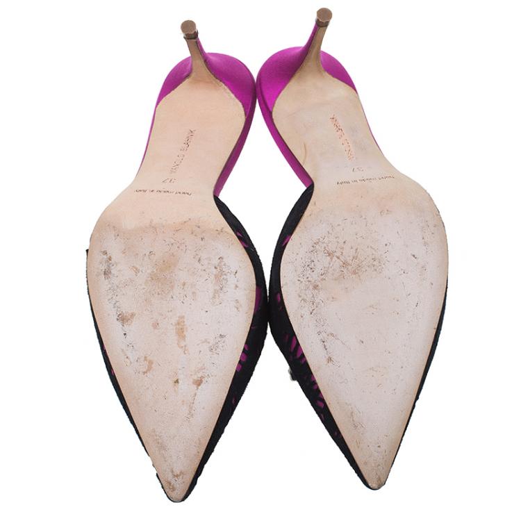 Pre Owned Manolo Blahnik Pink Satin and Lace Borli Crystal Embellished Mules Size 37