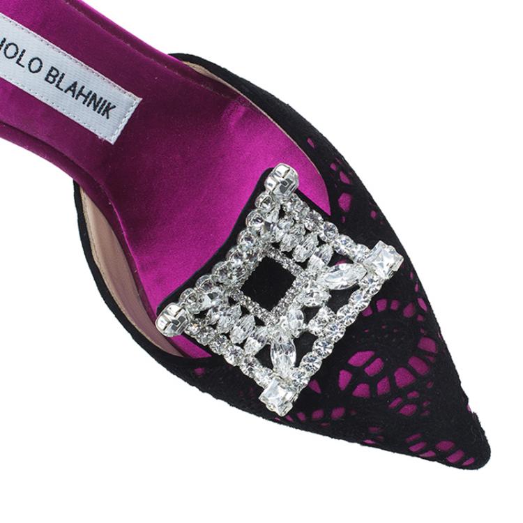 Pre Owned Manolo Blahnik Pink Satin and Lace Borli Crystal Embellished Mules Size 37