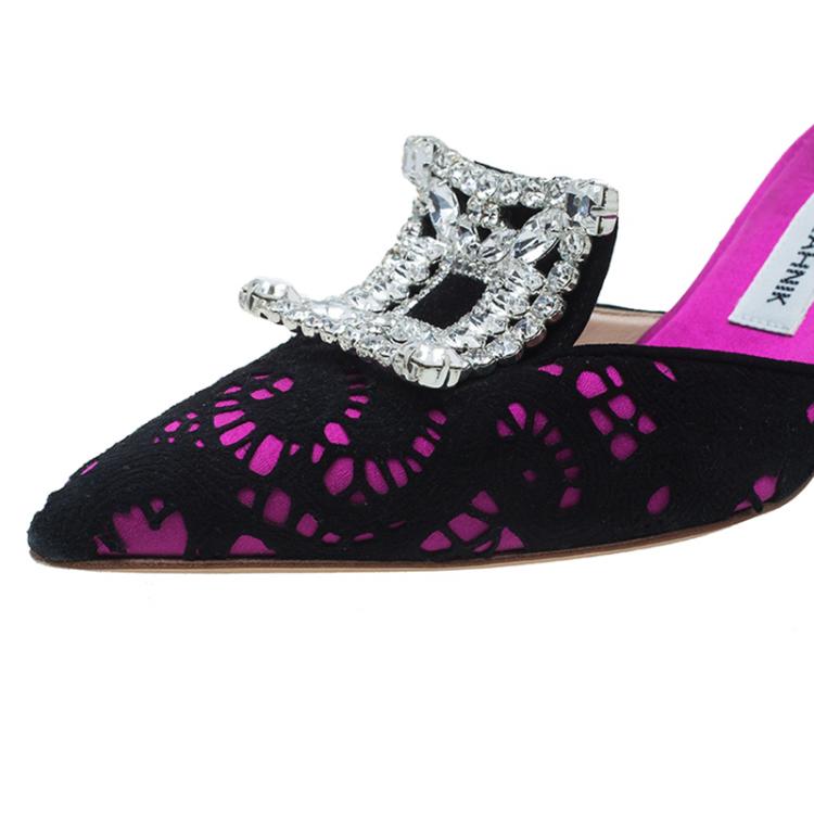 Pre Owned Manolo Blahnik Pink Satin and Lace Borli Crystal Embellished Mules Size 37