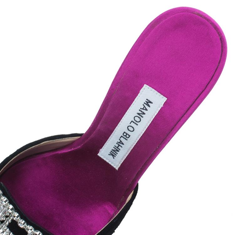 Pre Owned Manolo Blahnik Pink Satin and Lace Borli Crystal Embellished Mules Size 37