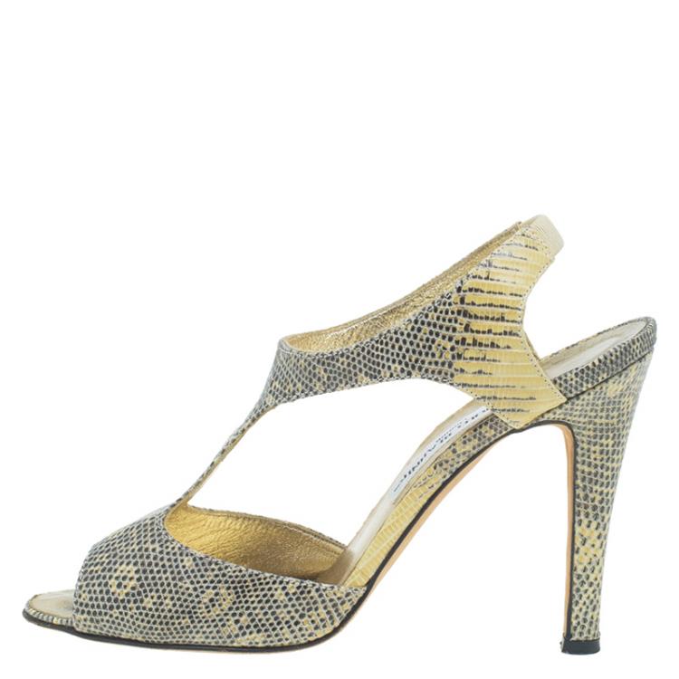 Pre Owned Manolo Blahnik Two Tone Python Embossed Leather T-Strap Sandals Size 36.5