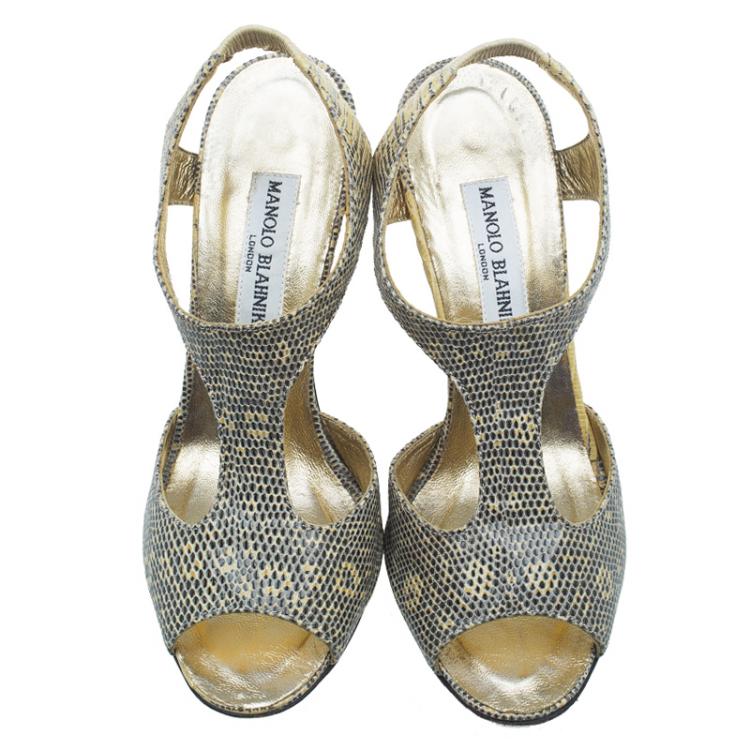 Pre Owned Manolo Blahnik Two Tone Python Embossed Leather T-Strap Sandals Size 36.5