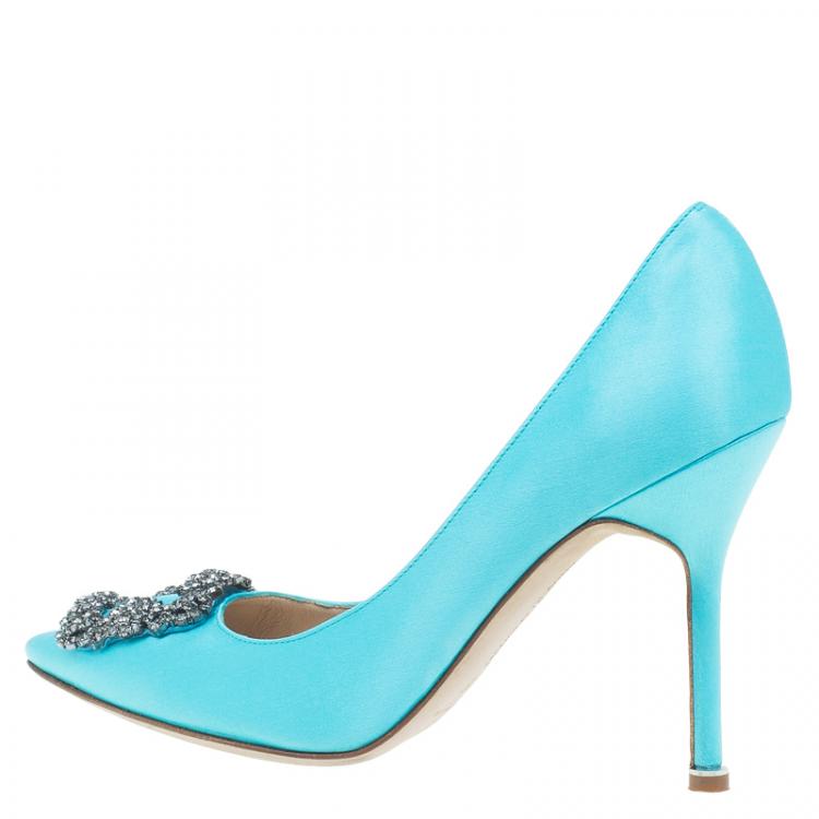 Pre Owned Manolo Blahnik Light Blue Satin Hangisi Embellished Pumps Size 37