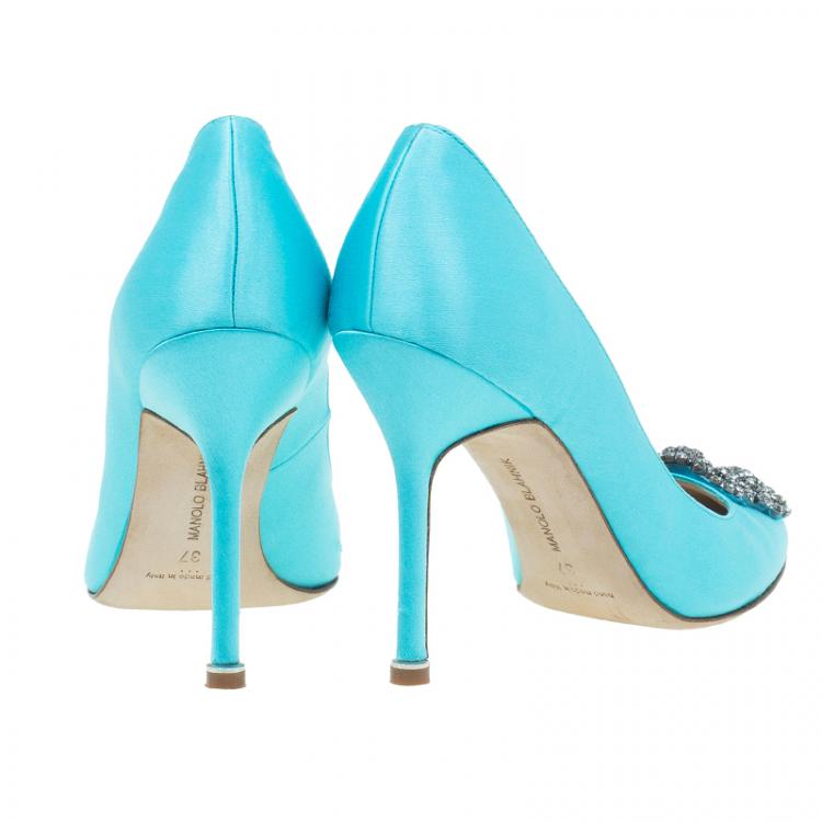 Pre Owned Manolo Blahnik Light Blue Satin Hangisi Embellished Pumps Size 37