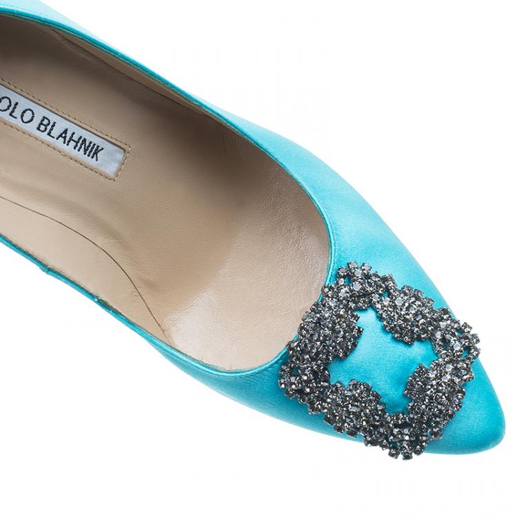 Pre Owned Manolo Blahnik Light Blue Satin Hangisi Embellished Pumps Size 37