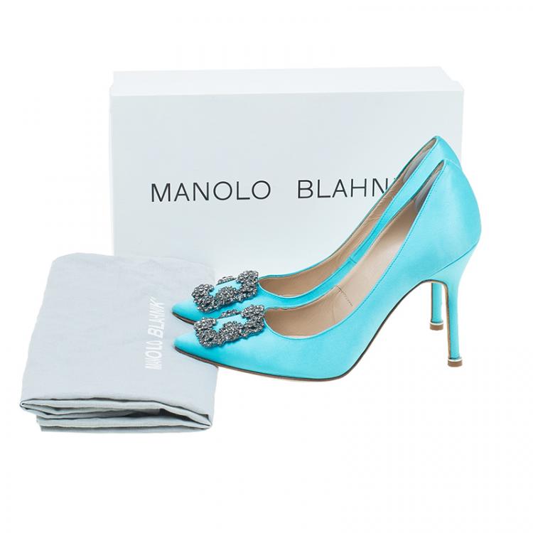 Pre Owned Manolo Blahnik Light Blue Satin Hangisi Embellished Pumps Size 37