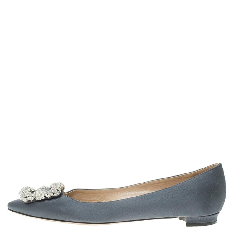 Pre Owned Manolo Blahnik Grey Satin Hangisi Ballet Flats Size 37