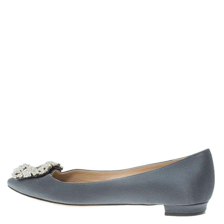 Pre Owned Manolo Blahnik Grey Satin Hangisi Ballet Flats Size 37
