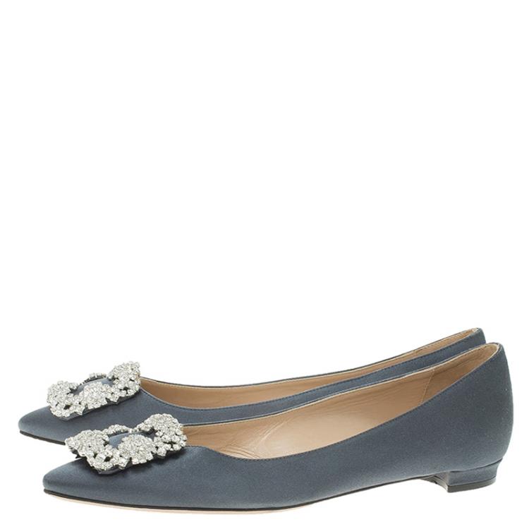 Pre Owned Manolo Blahnik Grey Satin Hangisi Ballet Flats Size 37