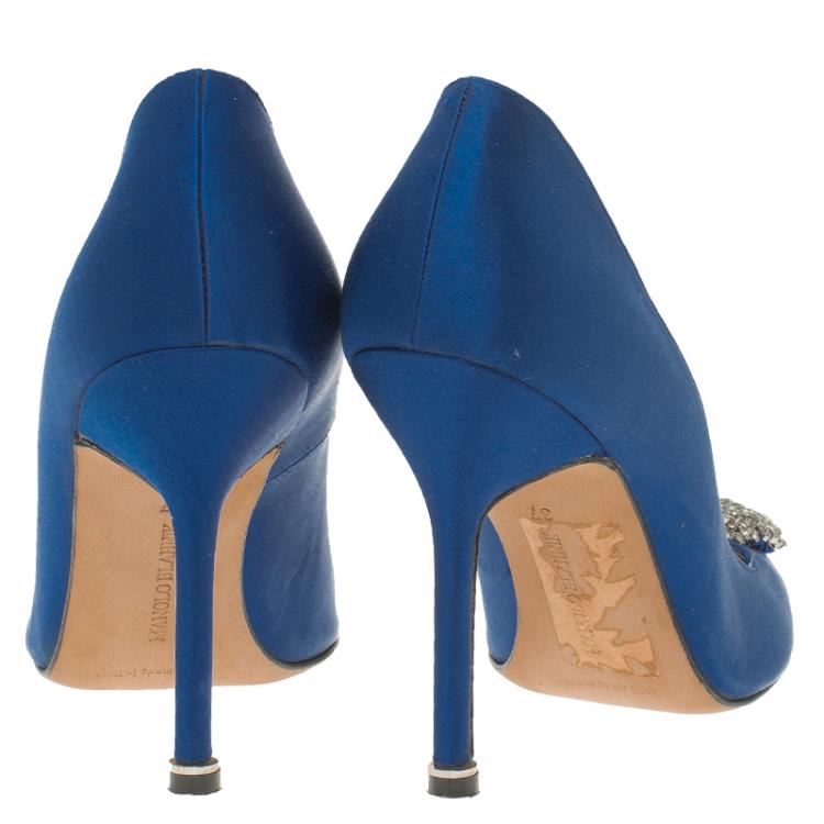 Pre Owned Manolo Blahnik Blue Embellished Satin Hangisi Pumps Size 37