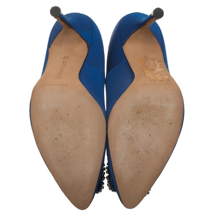 Pre Owned Manolo Blahnik Blue Embellished Satin Hangisi Pumps Size 37