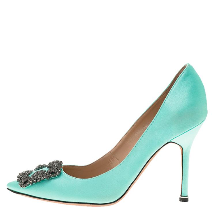 Pre Owned Manolo Blahnik Turquoise Embellished Satin Hangisi Pumps Size 37