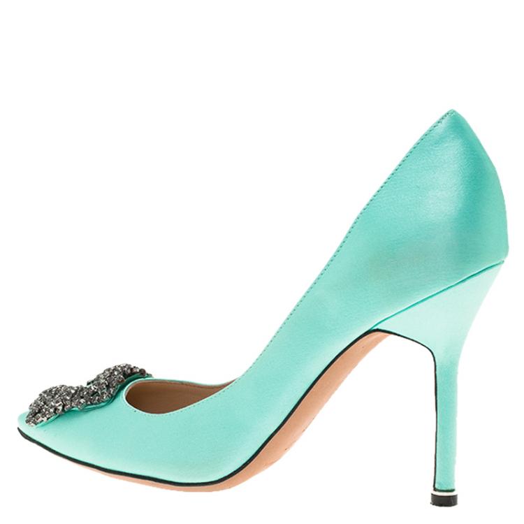 Pre Owned Manolo Blahnik Turquoise Embellished Satin Hangisi Pumps Size 37