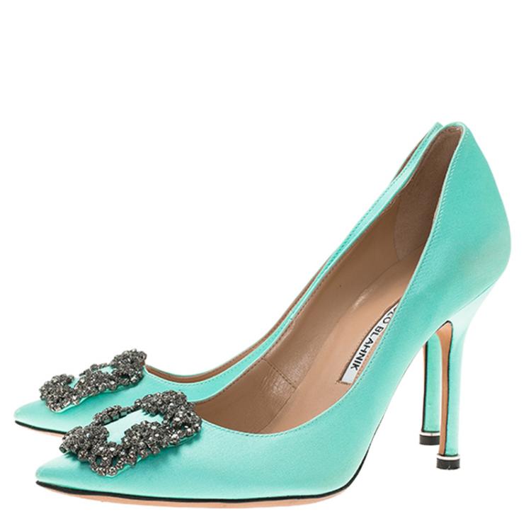 Pre Owned Manolo Blahnik Turquoise Embellished Satin Hangisi Pumps Size 37