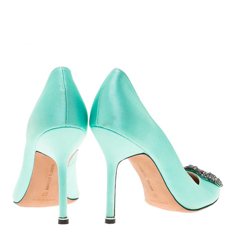 Pre Owned Manolo Blahnik Turquoise Embellished Satin Hangisi Pumps Size 37