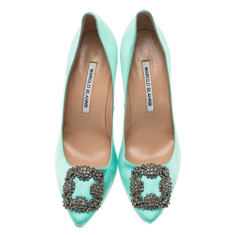 Pre Owned Manolo Blahnik Turquoise Embellished Satin Hangisi Pumps Size 37