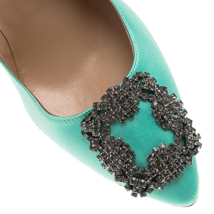 Pre Owned Manolo Blahnik Turquoise Embellished Satin Hangisi Pumps Size 37