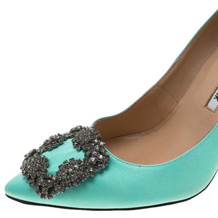 Pre Owned Manolo Blahnik Turquoise Embellished Satin Hangisi Pumps Size 37