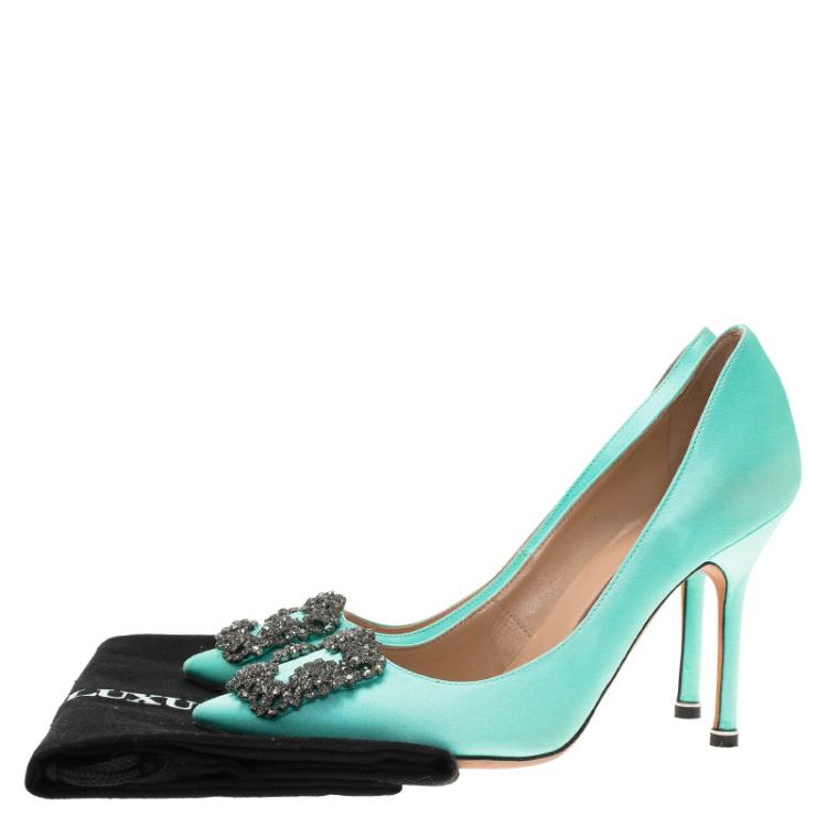 Pre Owned Manolo Blahnik Turquoise Embellished Satin Hangisi Pumps Size 37