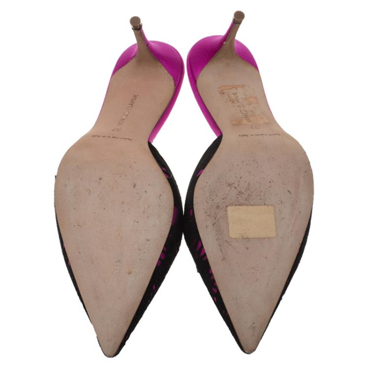 Pre Owned Manolo Blahnik Pink Satin and Lace Borli Crystal Embellished Mules Size 37