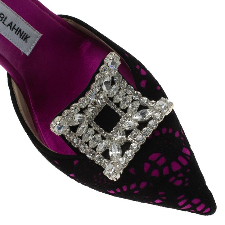 Pre Owned Manolo Blahnik Pink Satin and Lace Borli Crystal Embellished Mules Size 37