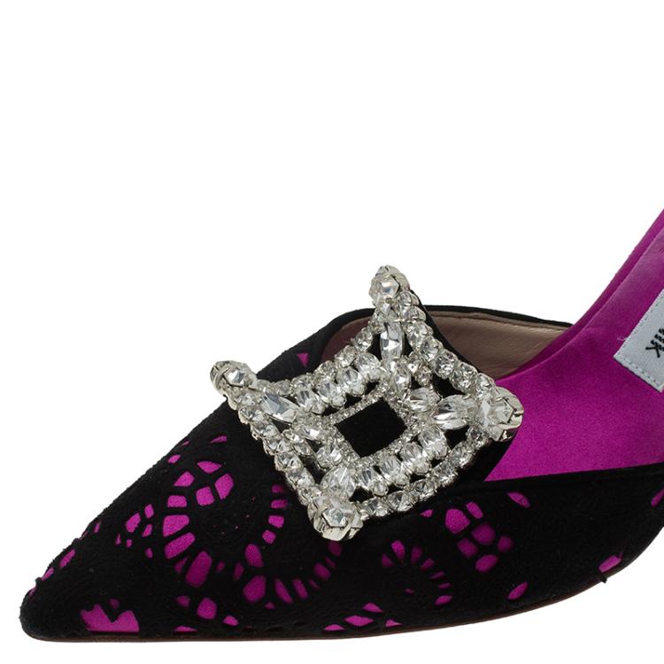 Pre Owned Manolo Blahnik Pink Satin and Lace Borli Crystal Embellished Mules Size 37