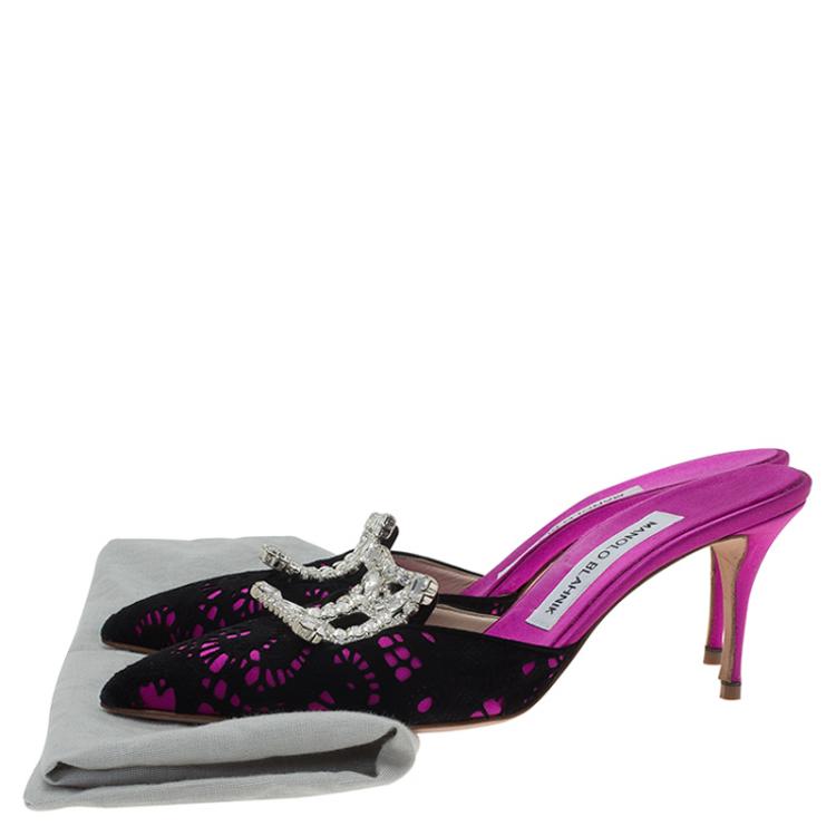Pre Owned Manolo Blahnik Pink Satin and Lace Borli Crystal Embellished Mules Size 37