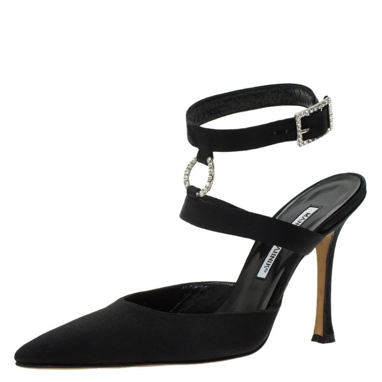 Pre Owned Manolo Blahnik Black Satin Embellished Pointed Cage Sandals Size 38