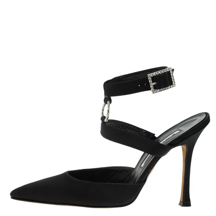 Pre Owned Manolo Blahnik Black Satin Embellished Pointed Cage Sandals Size 38