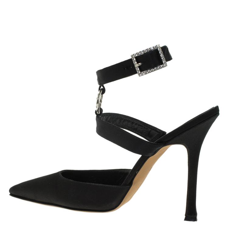 Pre Owned Manolo Blahnik Black Satin Embellished Pointed Cage Sandals Size 38