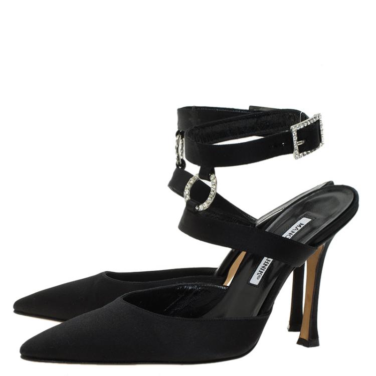 Pre Owned Manolo Blahnik Black Satin Embellished Pointed Cage Sandals Size 38