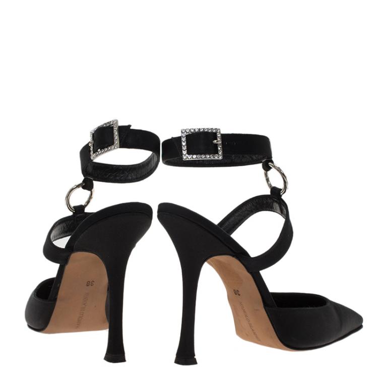 Pre Owned Manolo Blahnik Black Satin Embellished Pointed Cage Sandals Size 38