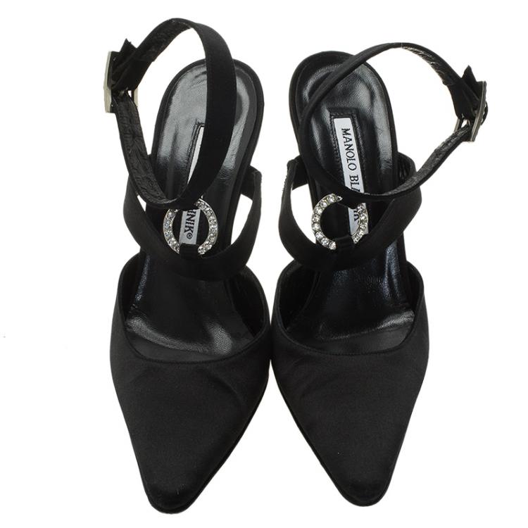 Pre Owned Manolo Blahnik Black Satin Embellished Pointed Cage Sandals Size 38