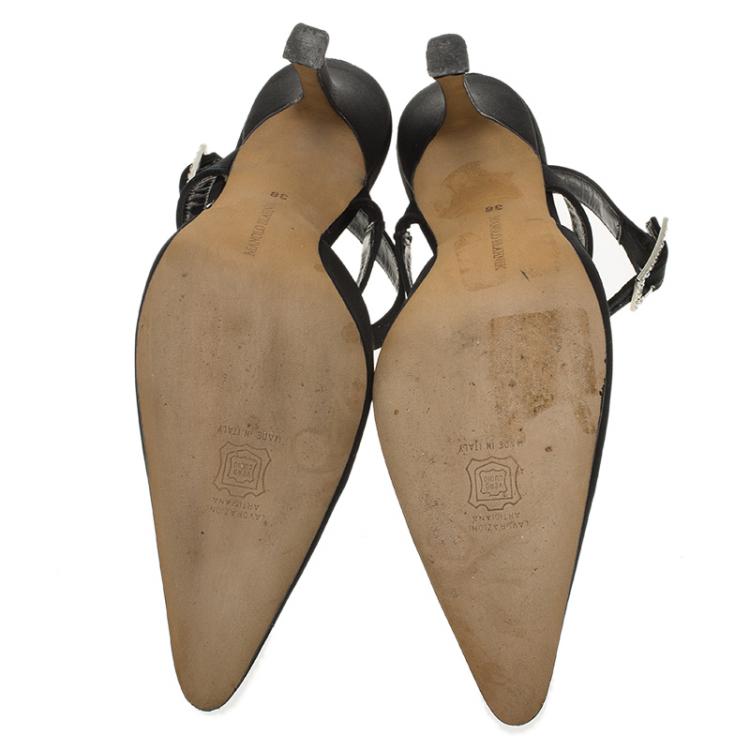 Pre Owned Manolo Blahnik Black Satin Embellished Pointed Cage Sandals Size 38