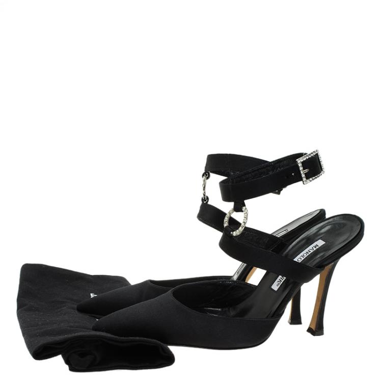 Pre Owned Manolo Blahnik Black Satin Embellished Pointed Cage Sandals Size 38