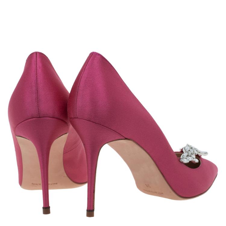 Pre Owned Manolo Blahnik Pink Satin Nadira Embellished Pumps Size 38
