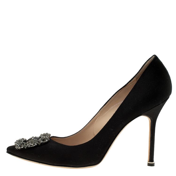 Pre Owned Manolo Blahnik Black Satin Hangisi Embellished Pumps Size 40.5
