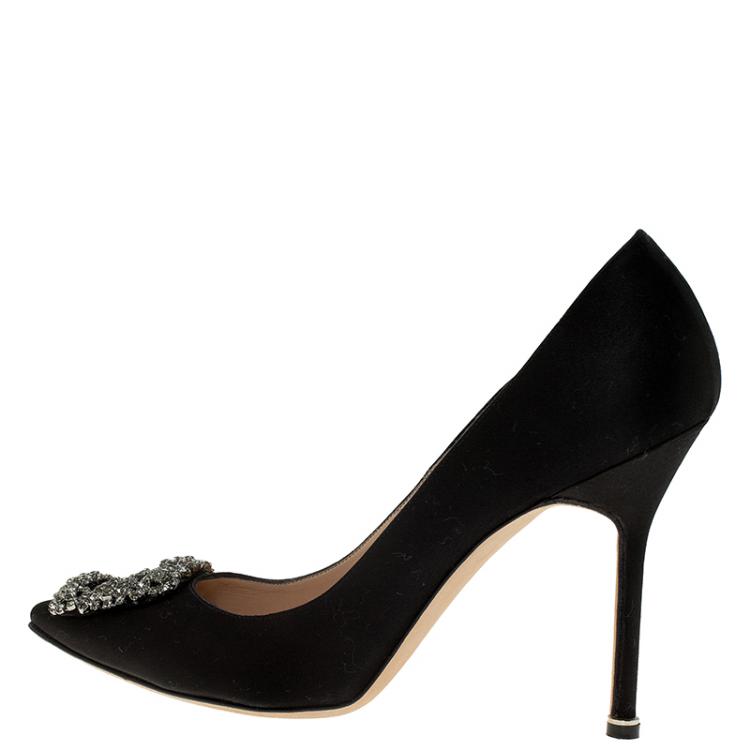 Pre Owned Manolo Blahnik Black Satin Hangisi Embellished Pumps Size 40.5