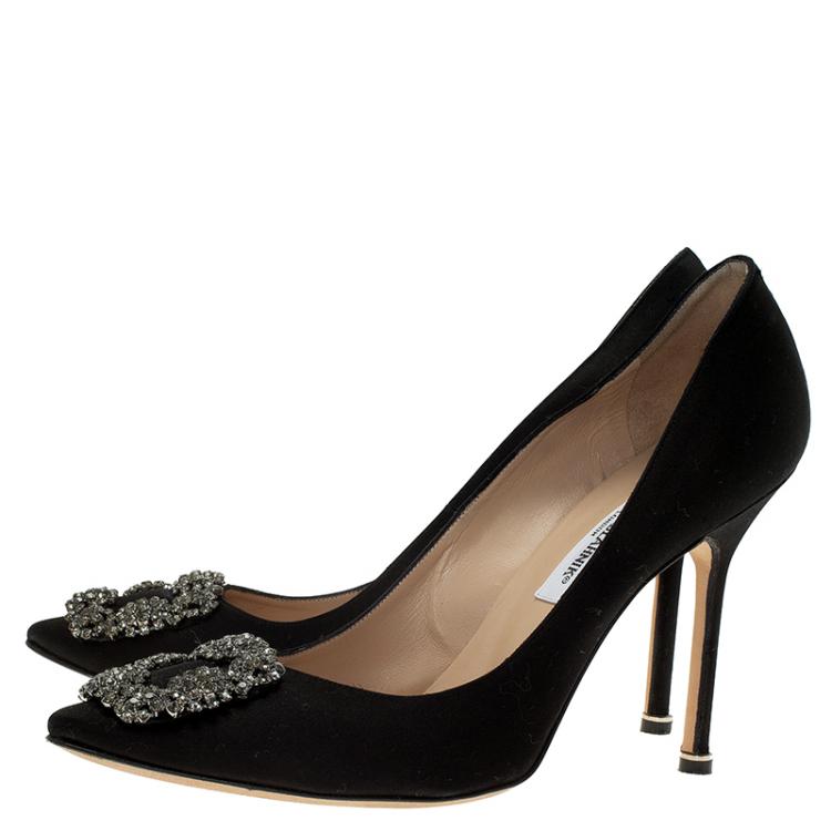 Pre Owned Manolo Blahnik Black Satin Hangisi Embellished Pumps Size 40.5