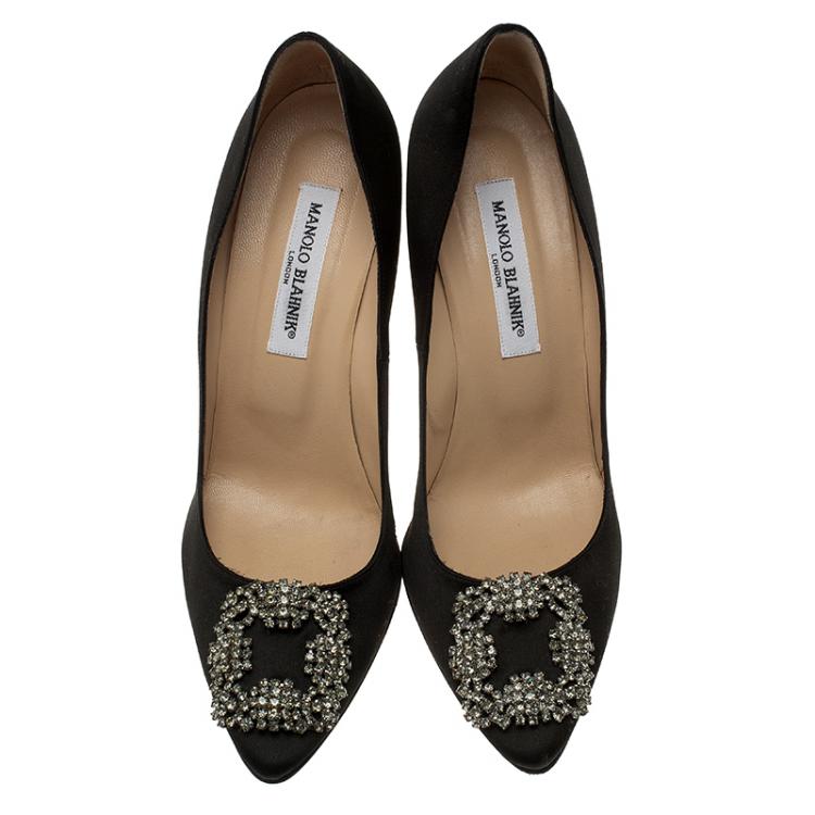 Pre Owned Manolo Blahnik Black Satin Hangisi Embellished Pumps Size 40.5