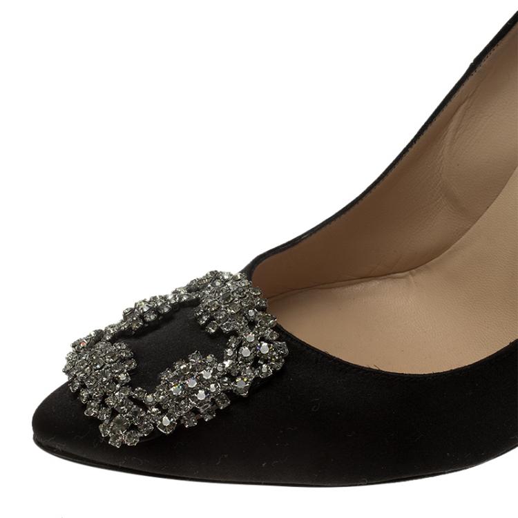 Pre Owned Manolo Blahnik Black Satin Hangisi Embellished Pumps Size 40.5