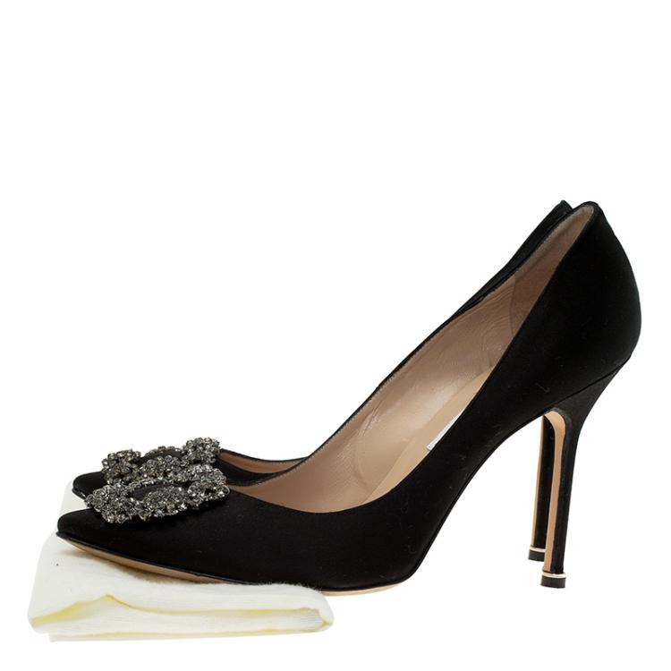 Pre Owned Manolo Blahnik Black Satin Hangisi Embellished Pumps Size 40.5