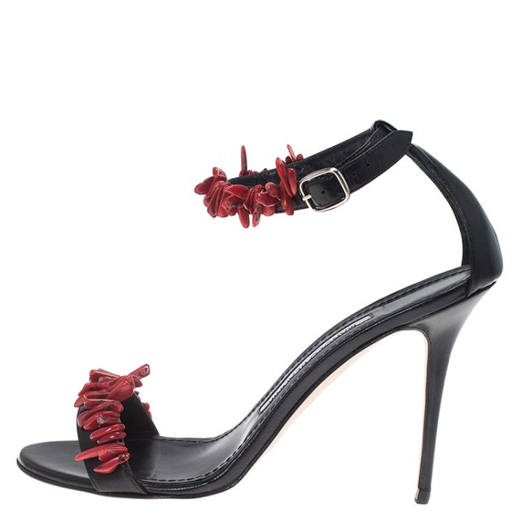 Pre Owned Manolo Blahnik Black Leather Coraletta Beaded Ankle Strap Sandals Size 36.5