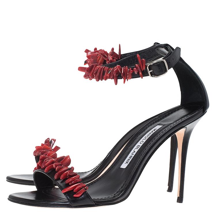 Pre Owned Manolo Blahnik Black Leather Coraletta Beaded Ankle Strap Sandals Size 36.5