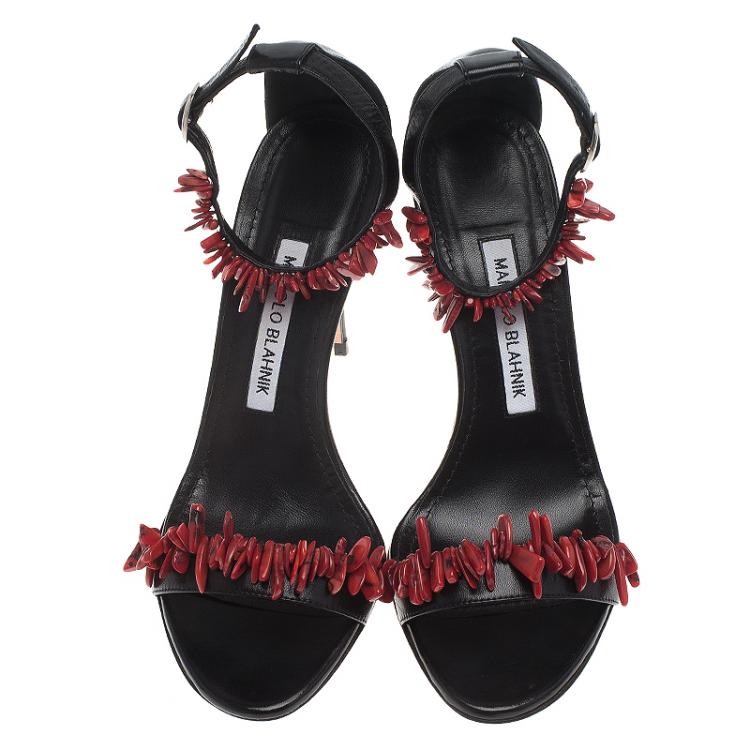 Pre Owned Manolo Blahnik Black Leather Coraletta Beaded Ankle Strap Sandals Size 36.5