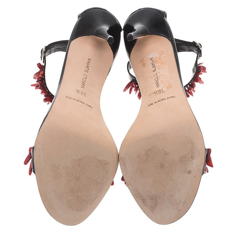 Pre Owned Manolo Blahnik Black Leather Coraletta Beaded Ankle Strap Sandals Size 36.5