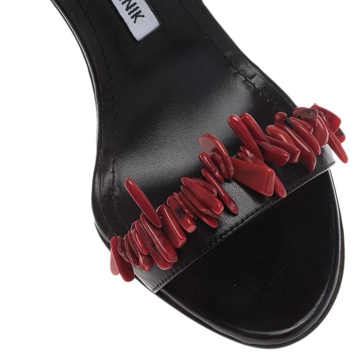Pre Owned Manolo Blahnik Black Leather Coraletta Beaded Ankle Strap Sandals Size 36.5