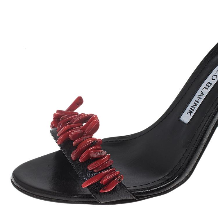Pre Owned Manolo Blahnik Black Leather Coraletta Beaded Ankle Strap Sandals Size 36.5