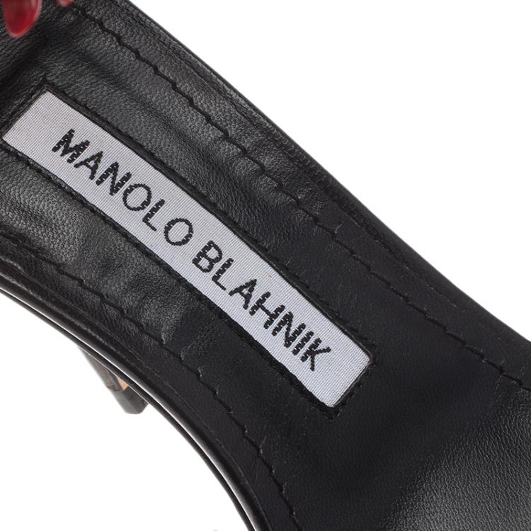 Pre Owned Manolo Blahnik Black Leather Coraletta Beaded Ankle Strap Sandals Size 36.5